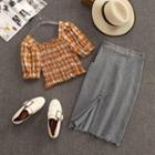 Set: Plaid Short-sleeve Blouse + Denim Straight-fit Skirt