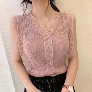 Sleeveless V-neck Lace Trim Knit Top