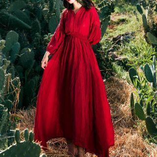 Long-sleeve Linen Blend A-line Maxi Dress