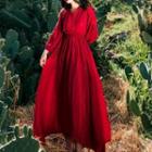 Long-sleeve Linen Blend A-line Maxi Dress