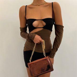 Spaghetti Strap Cutout Color Block Mini Dress