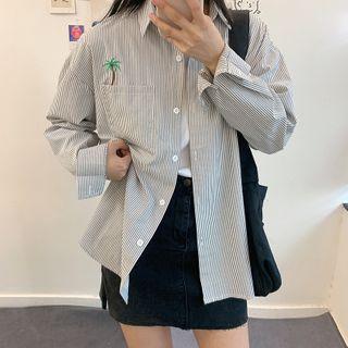 Long-sleeve Tree Embroidered Striped Shirt