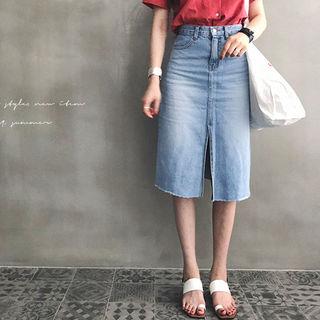 Cutout-hem Washed Midi Denim Skirt