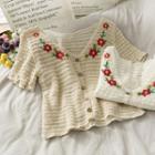 Flower-embroidered Open-knit Crop Top