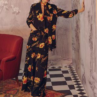 Set: Long-sleeve V-neck Floral Printed Top + High-waist Wide-leg Pants