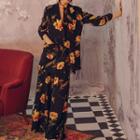 Set: Long-sleeve V-neck Floral Printed Top + High-waist Wide-leg Pants