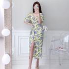 Short-sleeve Floral Print Tie-waist Midi Sheath Dress