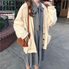 Check Long-sleeve Pleated Dress / Plain Loose-fit Cardigan