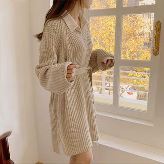 Long-sleeve Mini Collared Dress / Knit Dress / Set