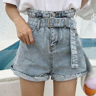 Washed Fray Hem Denim Shorts With Belt