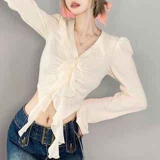 Long Sleeve V-neck Ruffle Trim Cropped Blouse