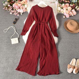 Long-sleeve Accordion Pleat Wide-leg Jumpsuit