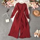 Long-sleeve Accordion Pleat Wide-leg Jumpsuit
