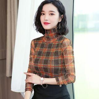 Turtleneck Long-sleeve Plaid Mesh Top