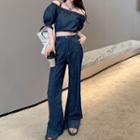 Puff-sleeve Off-shoulder Denim Crop Top / Flared Jeans
