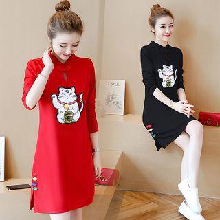 Long-sleeve Cat Embroidered Mandarin Collar Dress