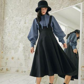 Set: Puff Sleeve Shirt + Midi Jumper Dress