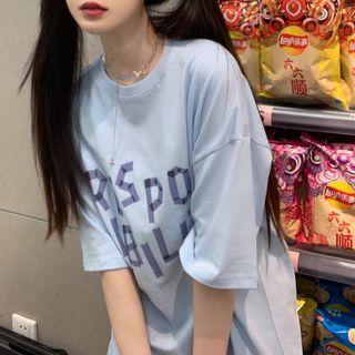 Elbow-sleeve Lettering T-shirt Light Blue - One Size