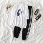 Set: Elbow-sleeve Cartoon Printed T-shirt + Striped Trim Harem Pants