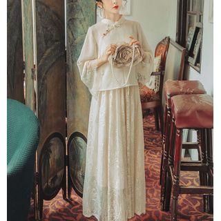 Hanfu Set: Long-sleeve Lace Top + Spaghetti Strap Maxi Lace Dress