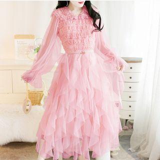 Flared-cuff Shirred Midi Layered Mesh Dress