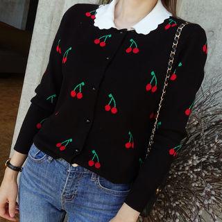 Contrast-collar Printed Cardigan
