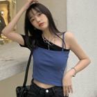 Mock Two-piece Suspender Off-shoulder Color Block Cropped T-shirt As Shown In Figure - One Size