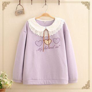 Lace-collar Heart Embroidered Sweatshirt As Shown In Figure - One Size