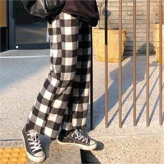 Band-waist Gingham Pants Black - One Size