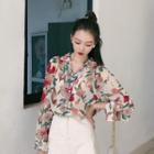 Long-sleeve Floral Printed Chiffon Shirt Almond - One Size