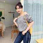 Off-shoulder Puffy Plaid Top