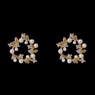 Sterling Silver Faux Pearl Cz Stud Earring B218 - 1 Pr - Gold - One Size