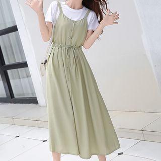 Crew-neck Short-sleeve T-shirt / Tie Waist Midi Spaghetti Strap Dress