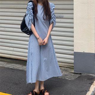 Plaid Puff-sleeve Slit Midi A-line Dress Plaid - Blue - One Size