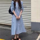 Plaid Puff-sleeve Slit Midi A-line Dress Plaid - Blue - One Size