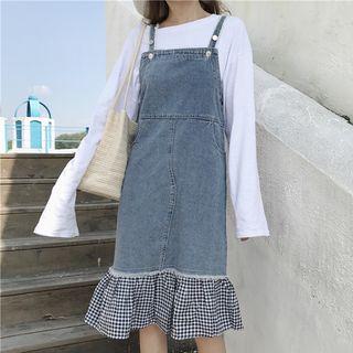 Spaghetti Strap Plaid Panel Denim Dress