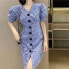 Puff-sleeve Plaid Dress Blue - One Size