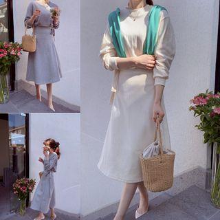 Set: Round-neck Plain Top + Wrap-front A-line Skirt