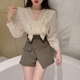 V-neck Lace Blouse Top - Almond - One Size