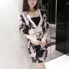 3/4-sleeve Deep V Minidress