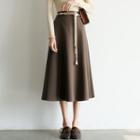 Plain Woolen A-line Midi Skirt With Belt