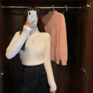 Mock-neck Fluffy Knit Top