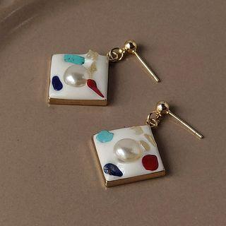 Square Glaze Dangle Earring 1 Pair - 828 - Red & Blue & Green Dotted - White - One Size