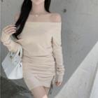Long-sleeve Off-shoulder Drawstring Mini Bodycon Dress Almond - One Size