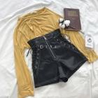 Plain Lace-up High-waist Leather Shorts