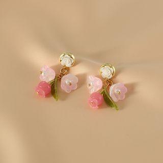 Flower Drop Earring 1 Pair - Pink & White & Green & Gold - One Size