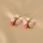 Flower Drop Earring 1 Pair - Pink & White & Green & Gold - One Size