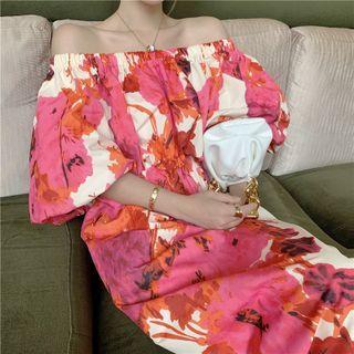 Balloon-sleeve Off-shoulder Print Midi A-line Dress