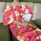 Balloon-sleeve Off-shoulder Print Midi A-line Dress