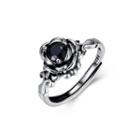 925 Sterling Silver Fashion Elegant Lotus Adjustable Ring With Black Cubic Zircon Silver - One Size